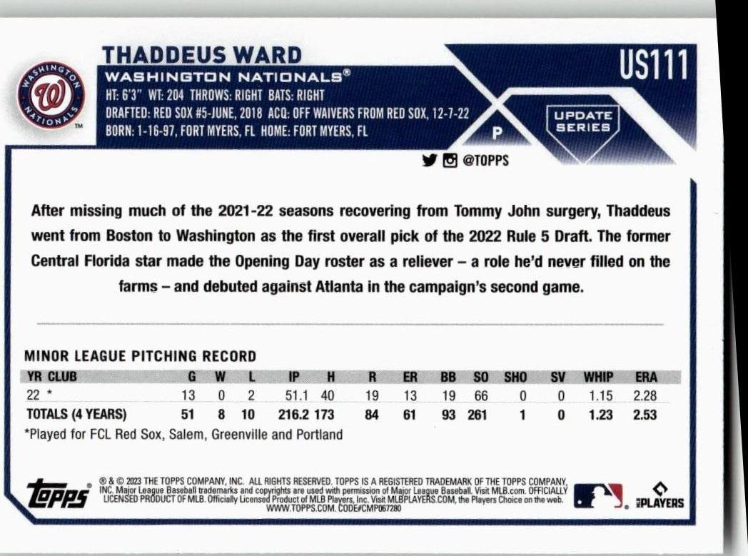 2023 Topps Update #US111 Thaddeus Ward - ChronicCards