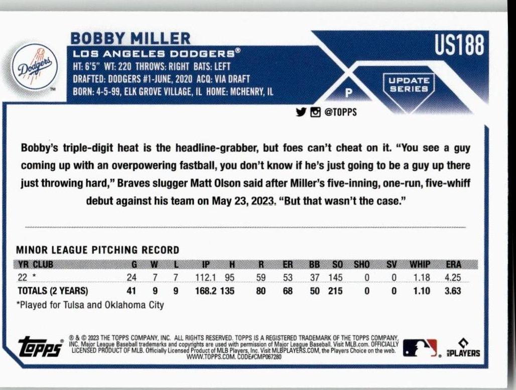 2023 Topps Update #US188 Bobby Miller Oversized Combo Box Toppers - ChronicCards