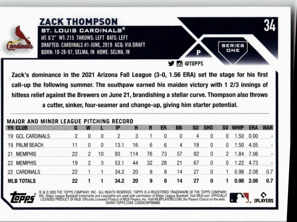 2023 Topps #34 Zack Thompson - ChronicCards
