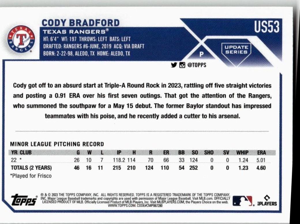 2023 Topps Update #US53 Cody Bradford - ChronicCards