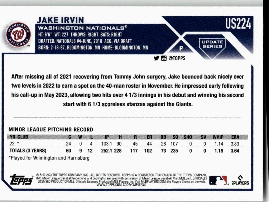 2023 Topps Update #US224 Jake Irvin - ChronicCards