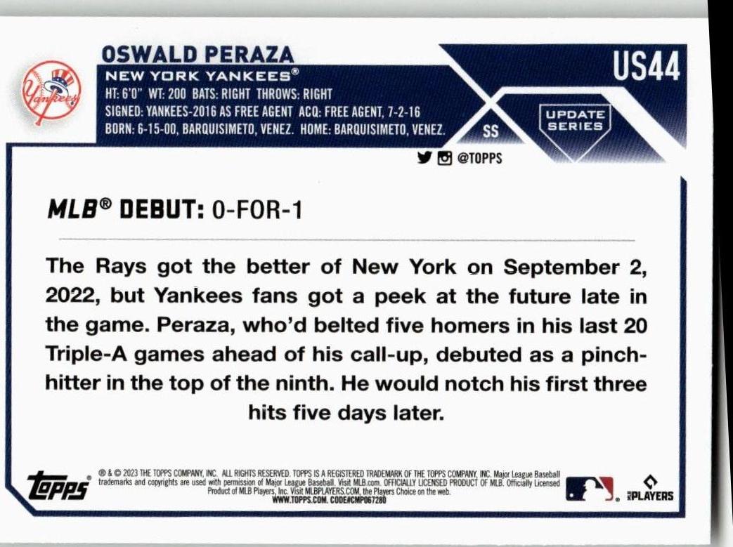 2023 Topps Update #US44 Oswald Peraza - ChronicCards