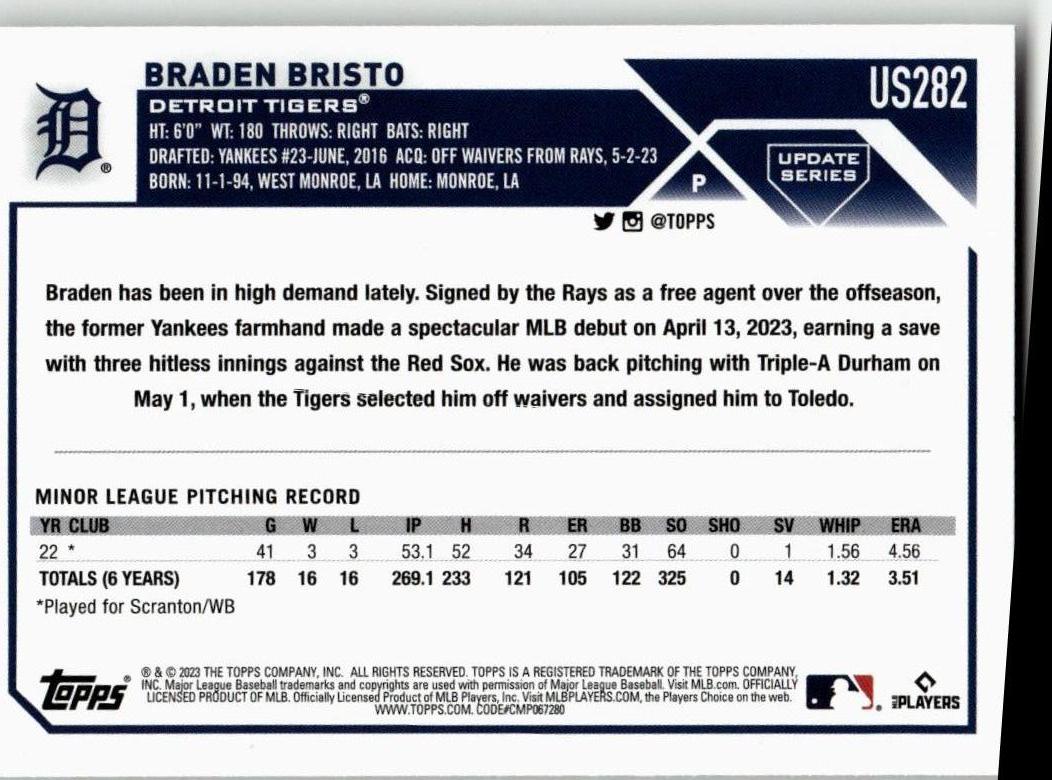 2023 Topps Update #US282 Braden Bristo - ChronicCards