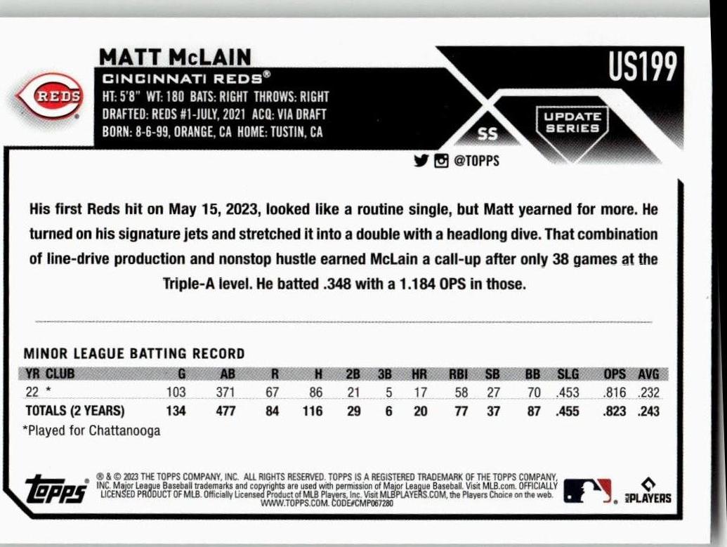 2023 Topps Update #US199 Matt McLain - ChronicCards