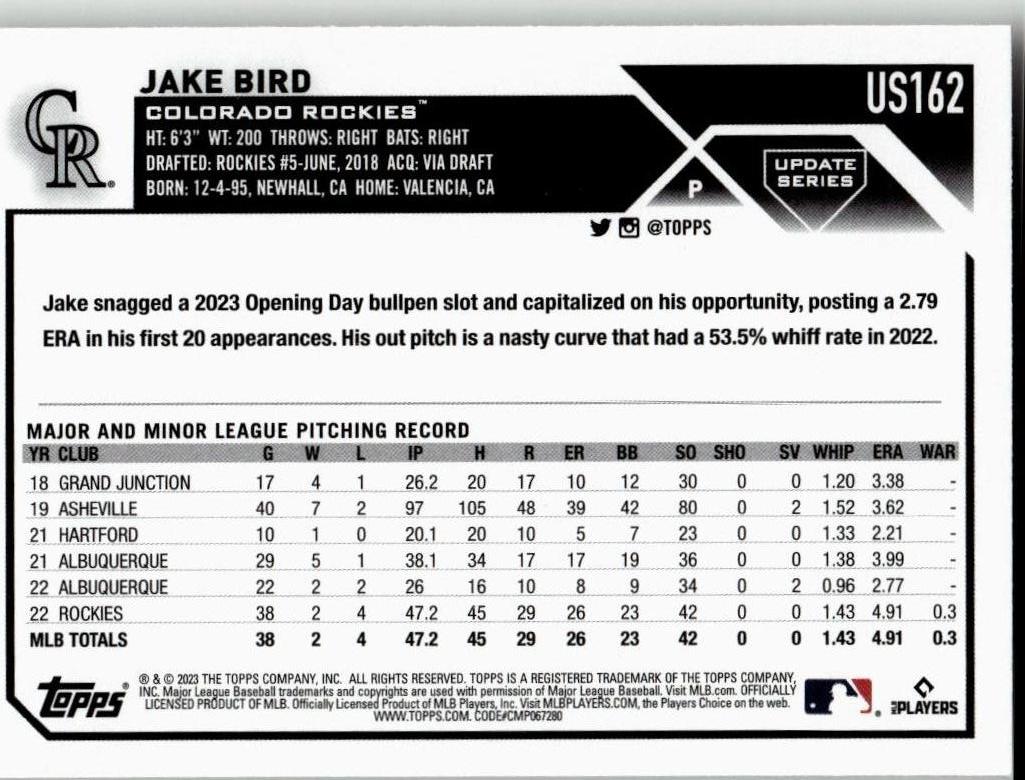 2023 Topps Update #US162 Jake Bird - ChronicCards