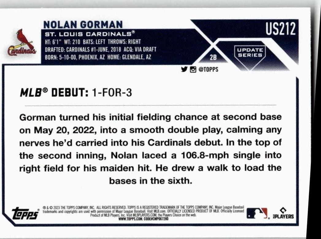 2023 Topps Update #US212 Nolan Gorman - ChronicCards