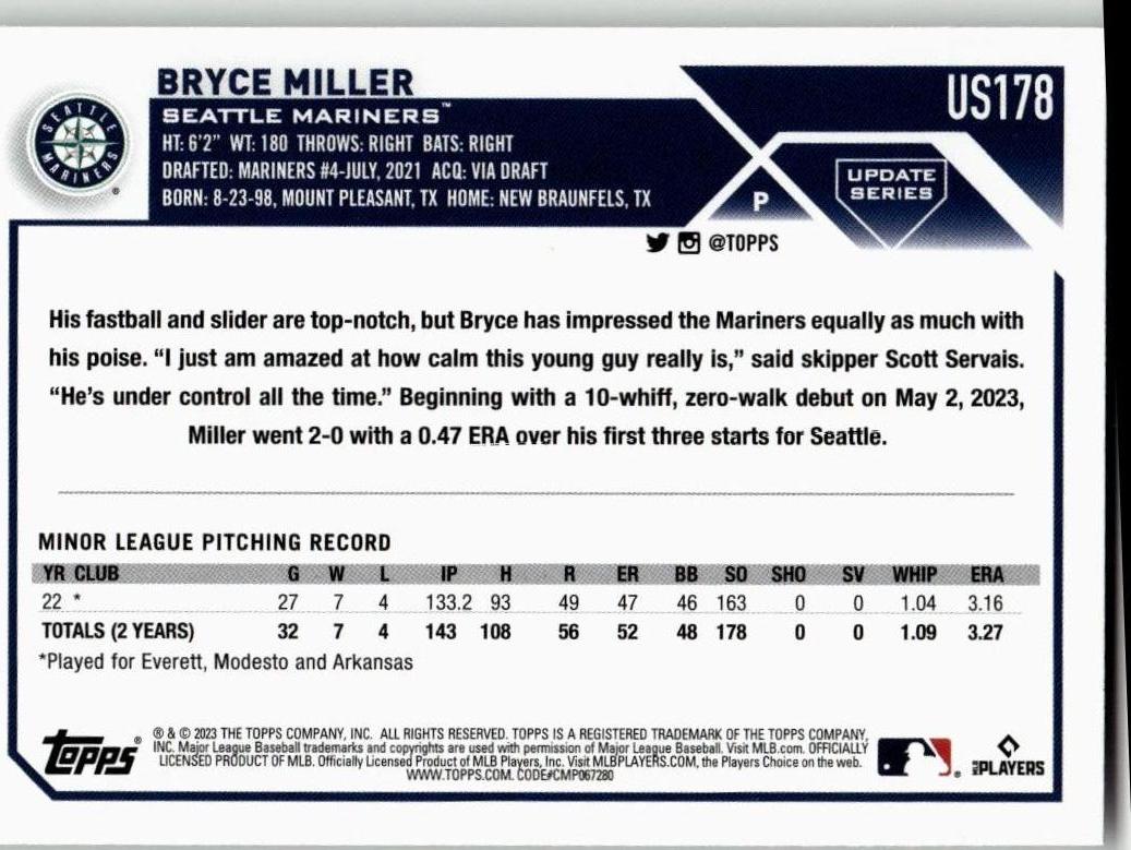 2023 Topps Update #US178 Bryce Miller - ChronicCards