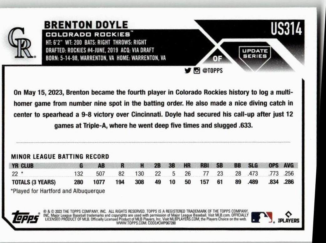2023 Topps Update #US314 Brenton Doyle - ChronicCards