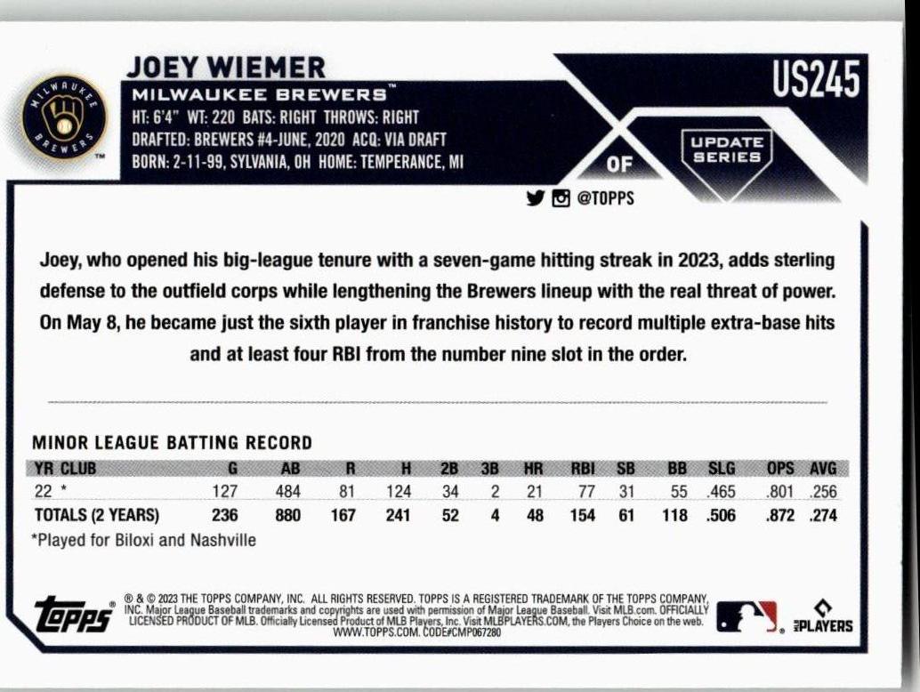 2023 Topps Update #US245 Joey Wiemer - ChronicCards