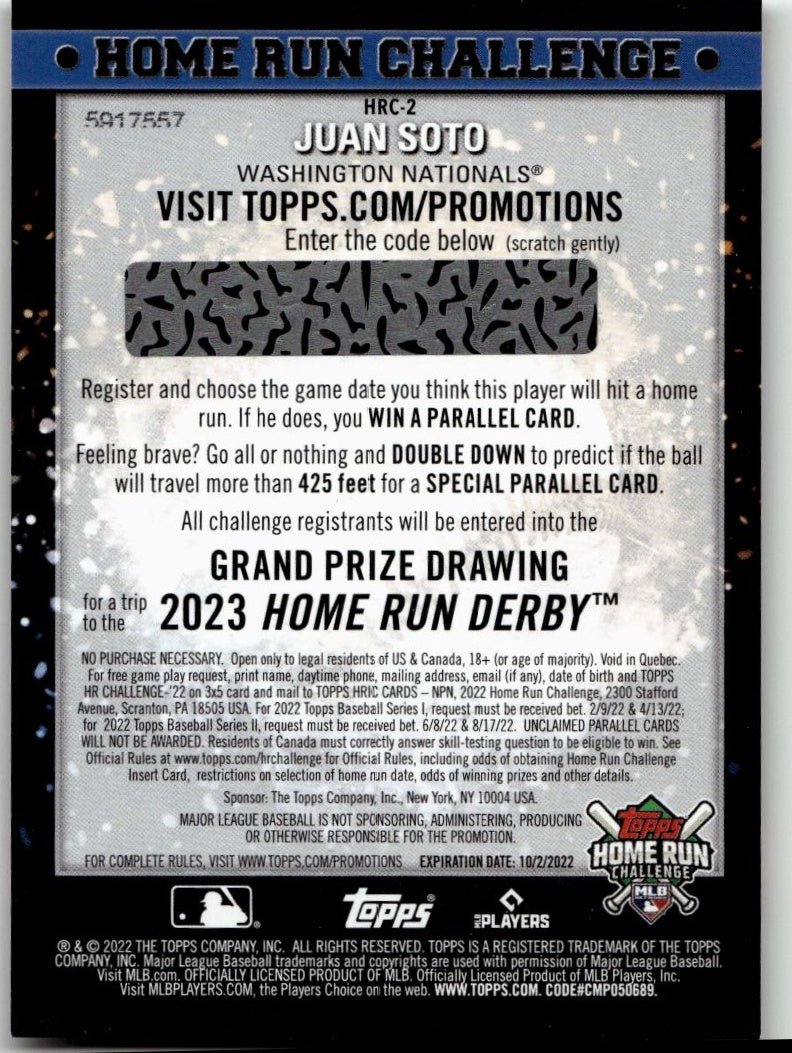2022 Topps #HRC - 2 Juan Soto Home Run Challenge Code Cards (Series One) - ChronicCards