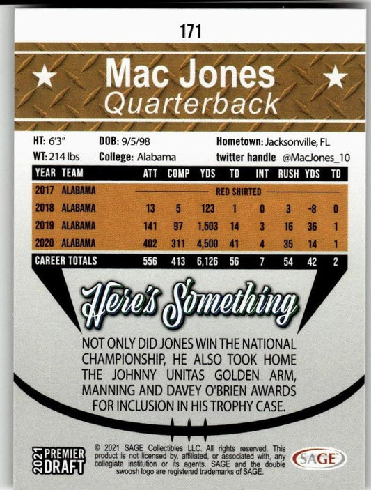 2021 SAGE Premier Draft #171 Mac Jones Red - ChronicCards