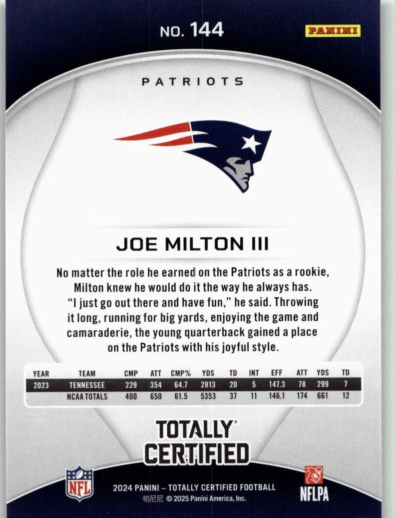 2024 Panini Totally Certified 144 Joe Milton III - ChronicCards
