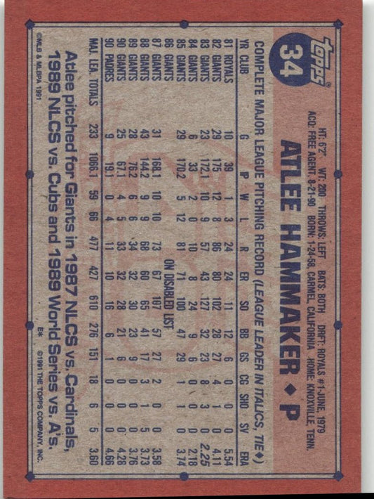 1991 Topps 34 Atlee Hammaker - ChronicCards