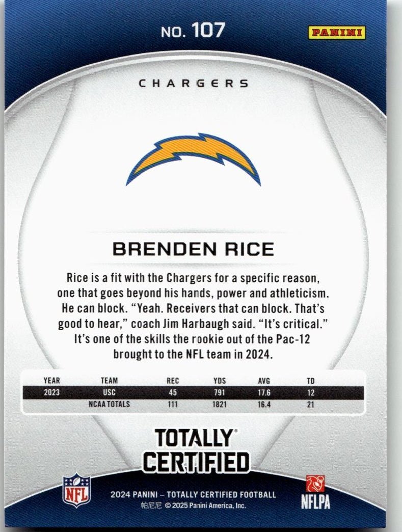 2024 Panini Totally Certified 107 Brenden Rice - ChronicCards