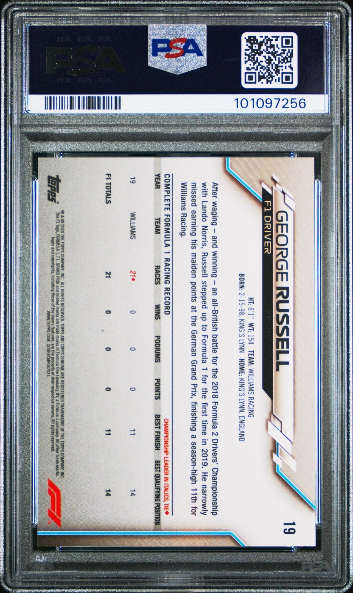 2020 Topps Chrome F1 Sapphire Edition 19 George Russell PSA 8 - ChronicCards