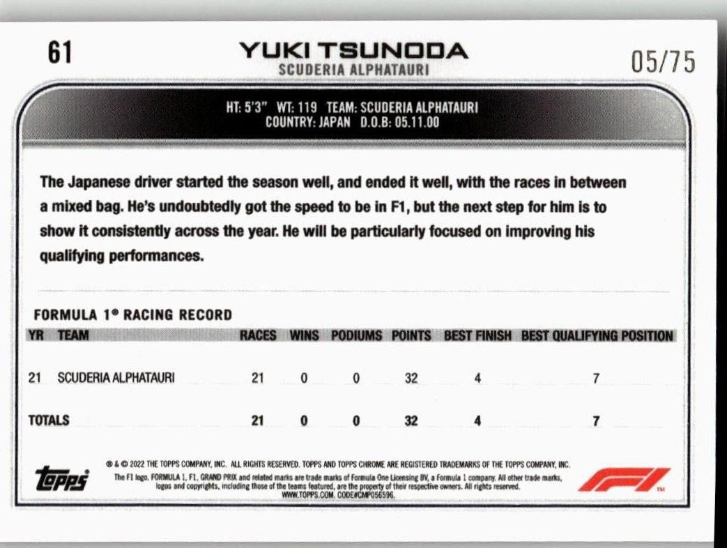 2022 Topps Chrome Formula 1 61 Yuki Tsunoda Pink /75 - ChronicCards