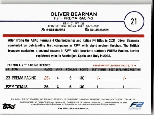 2024 Topps Chrome Formula 1 21 Oliver Bearman Red/Orange - ChronicCards