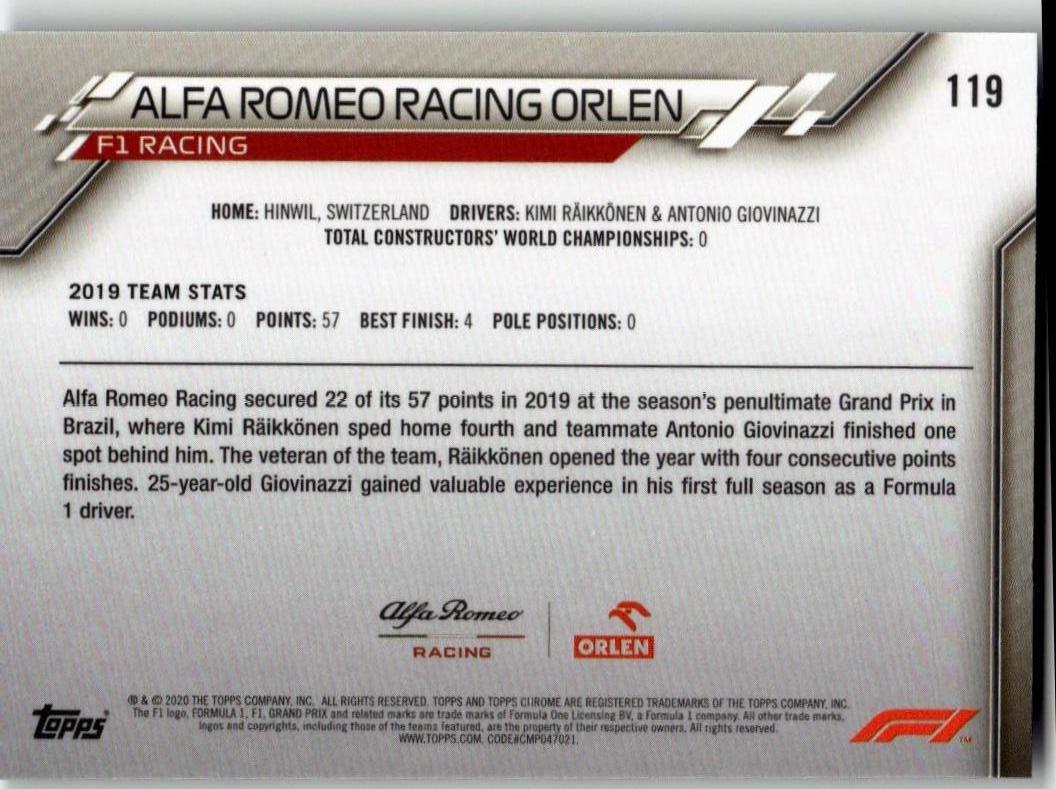 2020 Topps Chrome Sapphire Edition Formula 1 119 Alfa Romeo Racing Orlen - ChronicCards