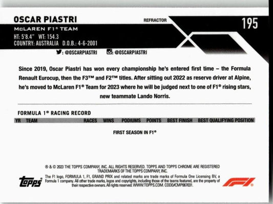 2023 Topps Chrome Formula 1 195 Oscar Piastri Refractor - ChronicCards