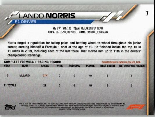 2020 Topps Chrome Formula 1 7a Lando Norris - ChronicCards