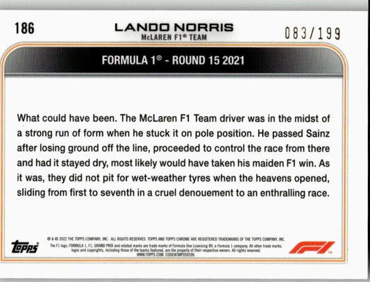 2022 Topps Chrome Sapphire Edition Formula 1 186 Lando Norris Chartreuse /199 - ChronicCards