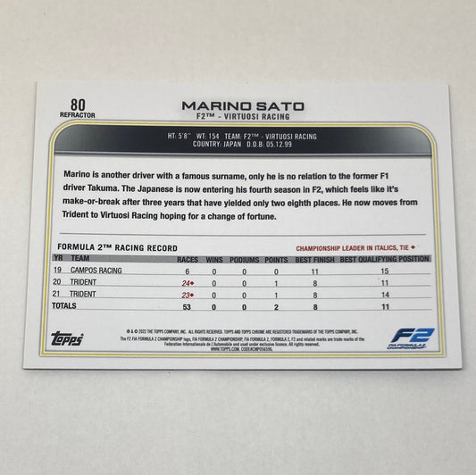 2022 Topps Chrome Marino Sato #80 F1 Refractor Cardo - ChronicCards