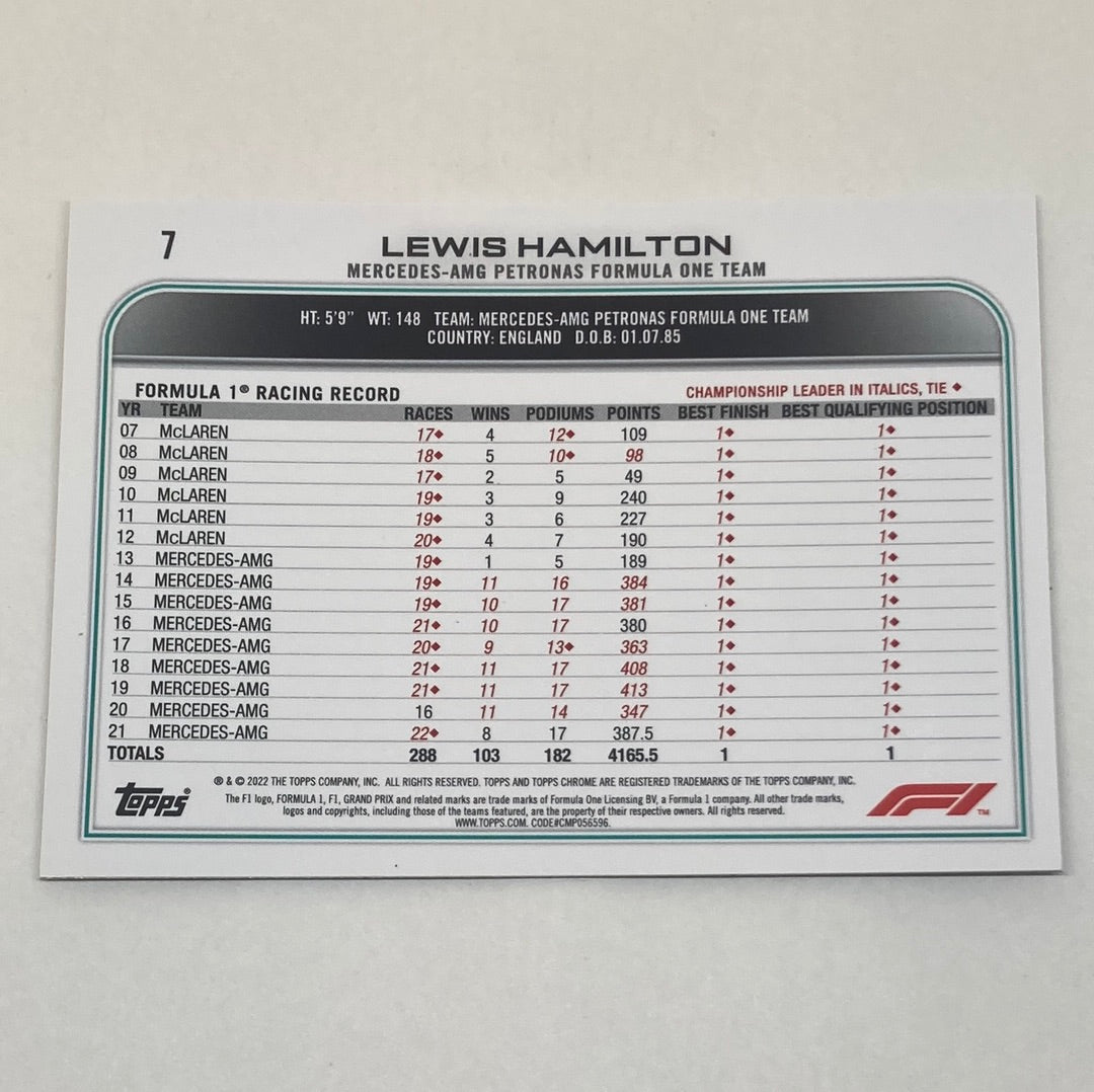 2022 Topps Chrome Lewis Hamilton #7 F1 Card - ChronicCards