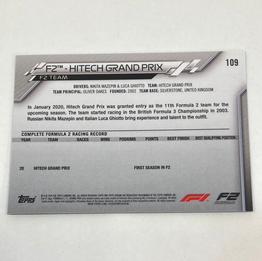 2020 Topps Chrome F2 Hitech Grand Prix #109 Base F1 Card - ChronicCards