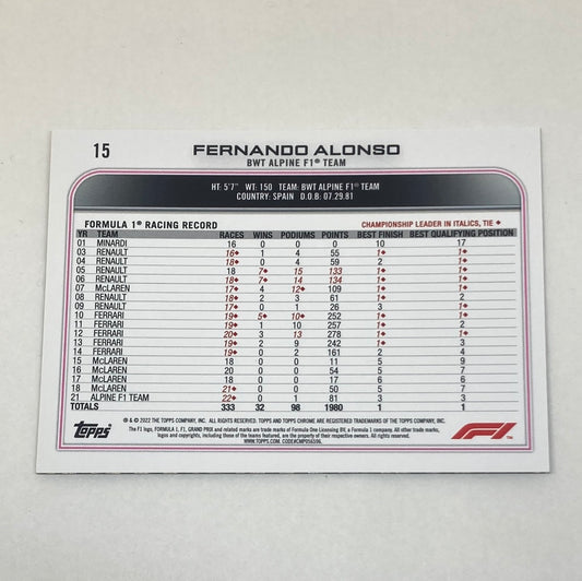 2022 Topps Chrome Fernando Alonso #15 F1 Refractor Cardo - ChronicCards