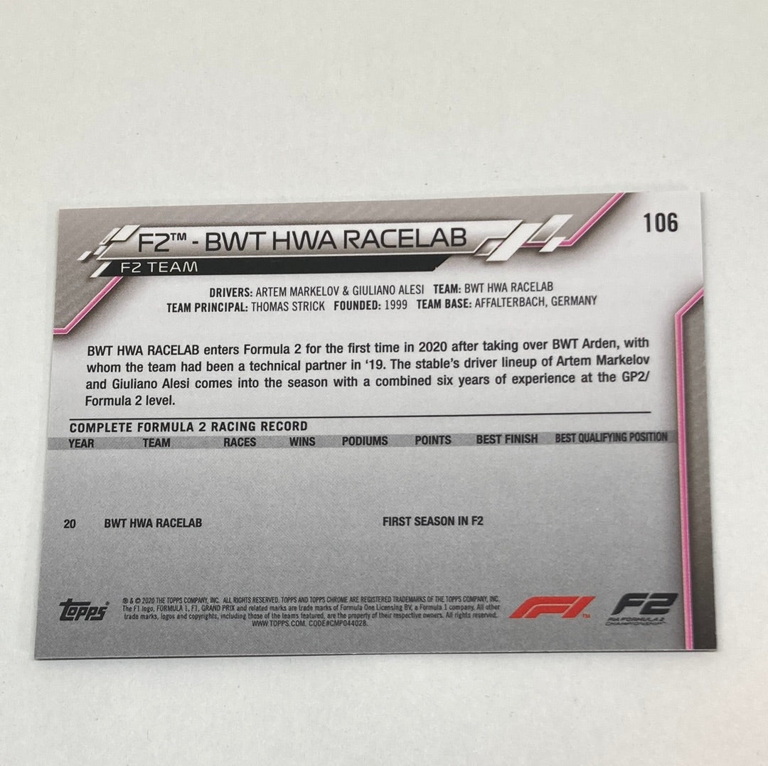 2020 Topps Chrome F2 BWT HWA Racelab #106 Base F1 Card - ChronicCards