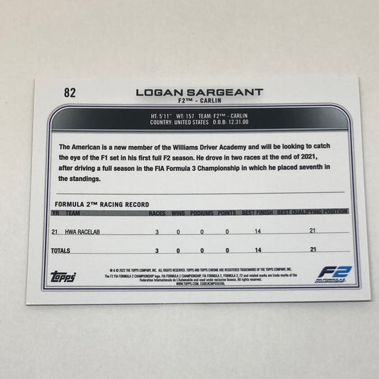 2022 Topps Chrome Logan Sargeant #82 F1 Rookie Card - ChronicCards