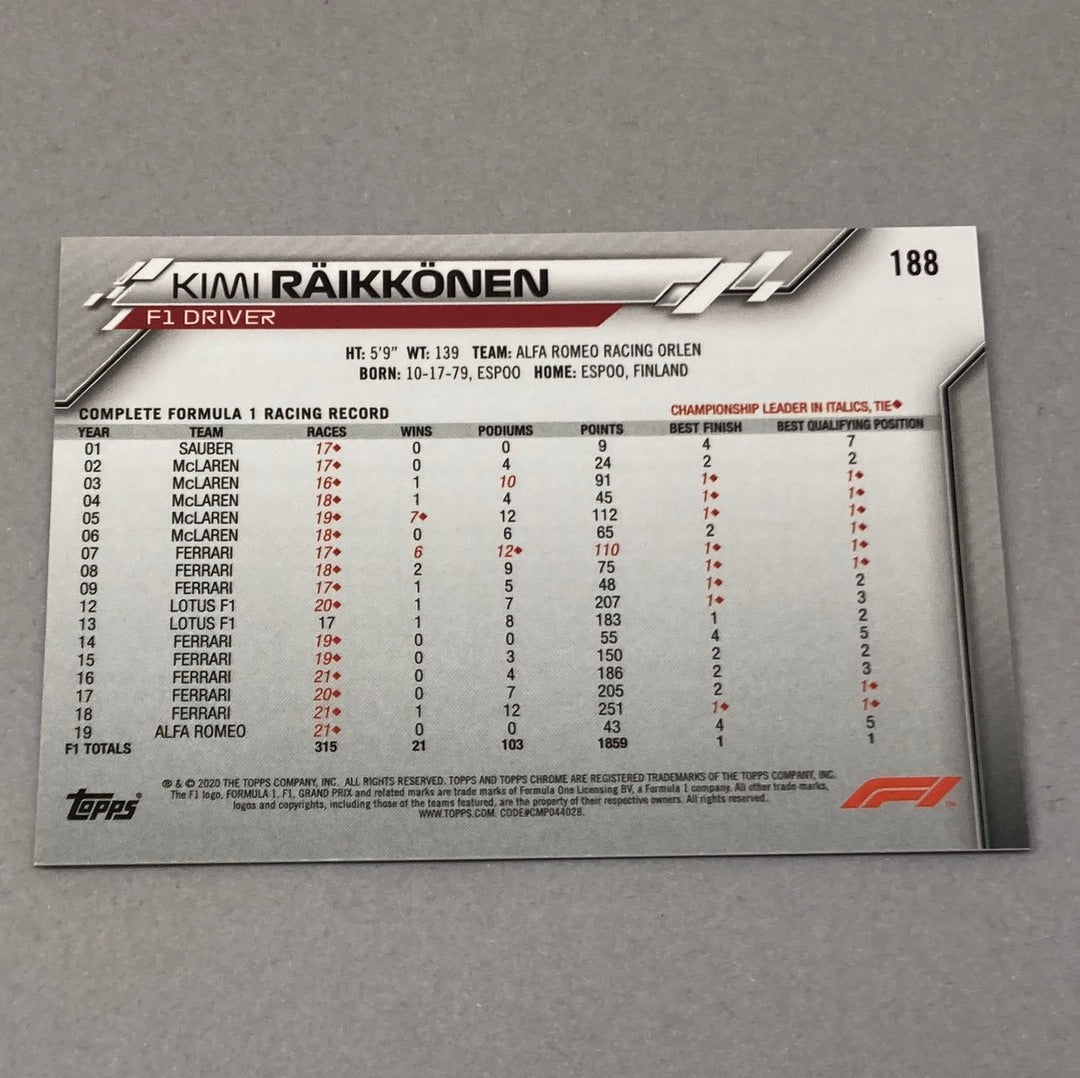 2020 Topps Chrome Kimi Raikkonen Base #188 F1 Card - ChronicCards