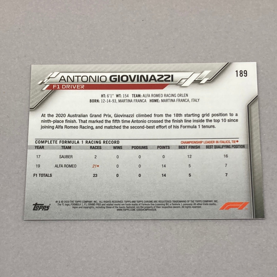 2020 Topps Chrome Antonio Giovinazzi Base #189 F1 Card - ChronicCards