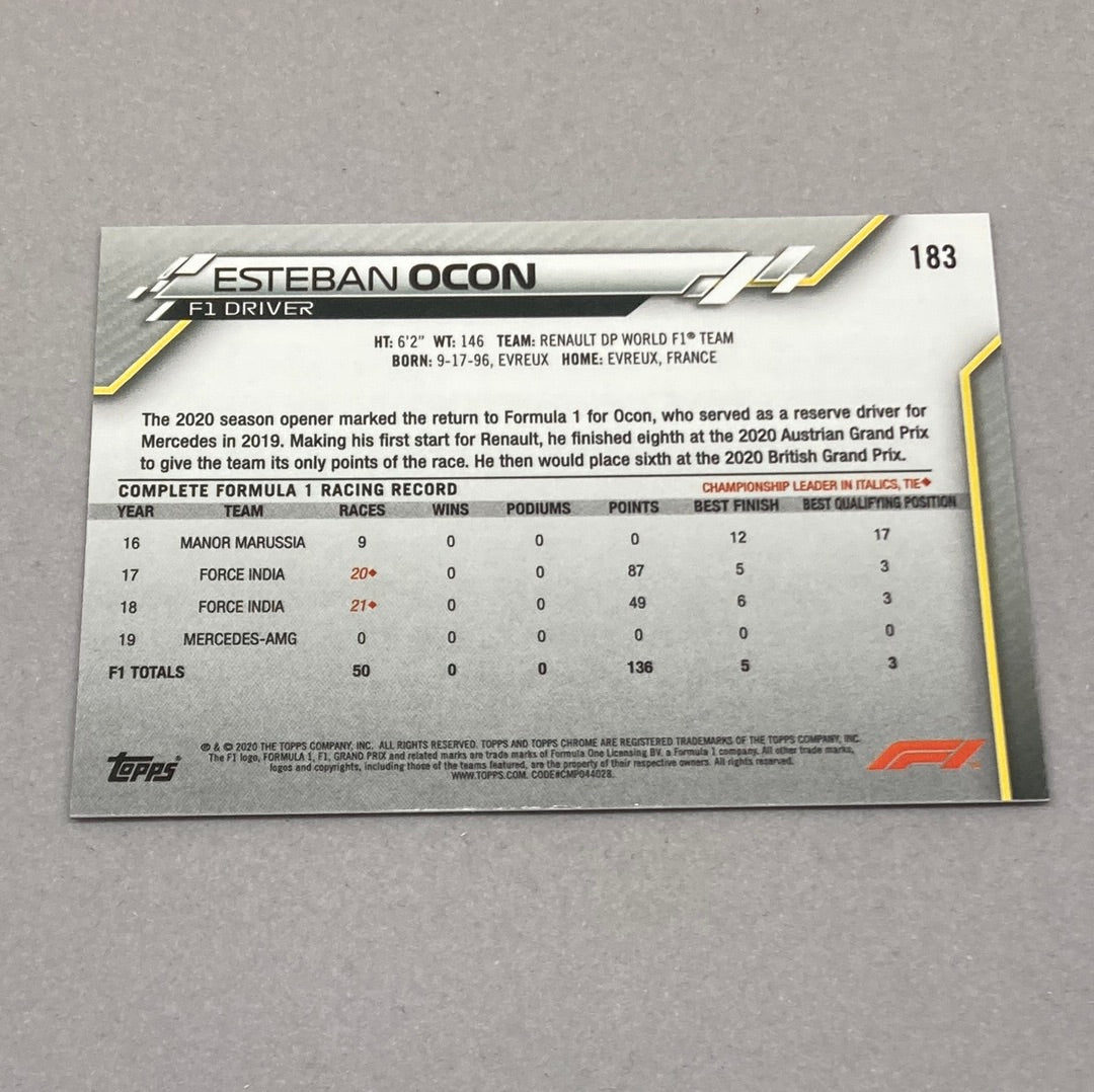 2020 Topps Chrome Esteban Ocon Base #183 F1 Card - ChronicCards