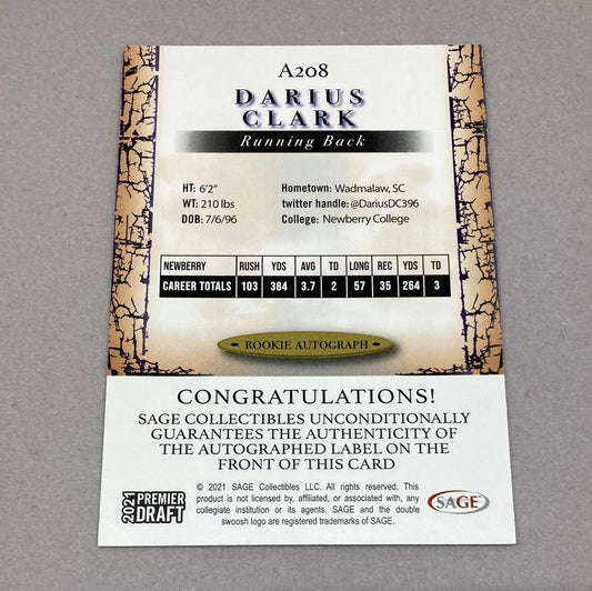 2021 Sage Premier Draft Darius Clark Autograph Card - ChronicCards