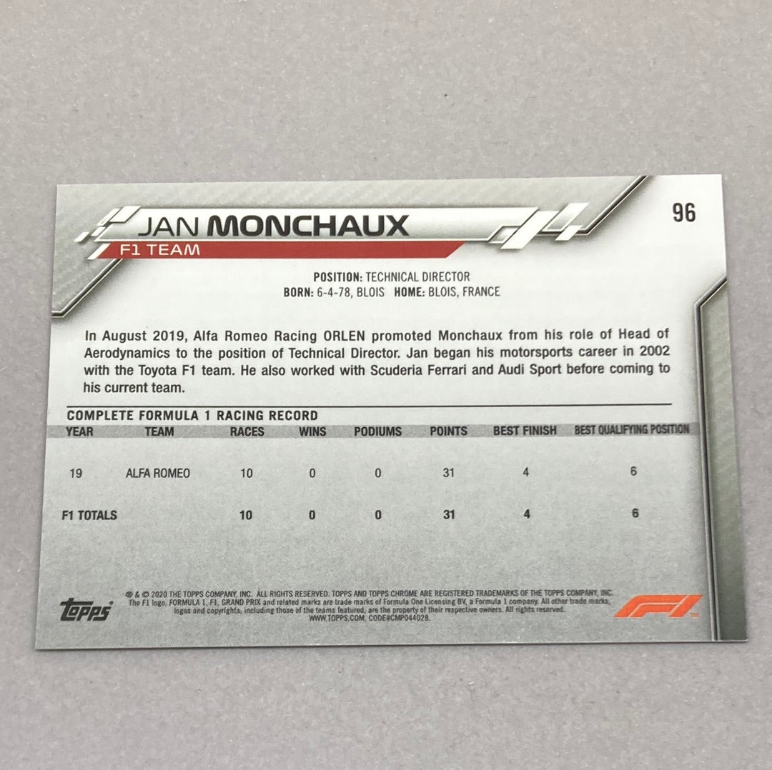 2020 Topps Chrome Jan Monchaux Base #96 F1 Card - ChronicCards