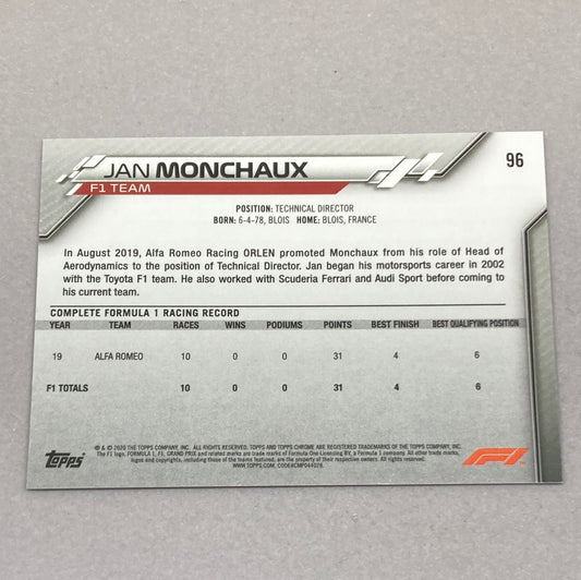 2020 Topps Chrome Jan Monchaux Base #96 F1 Card - ChronicCards