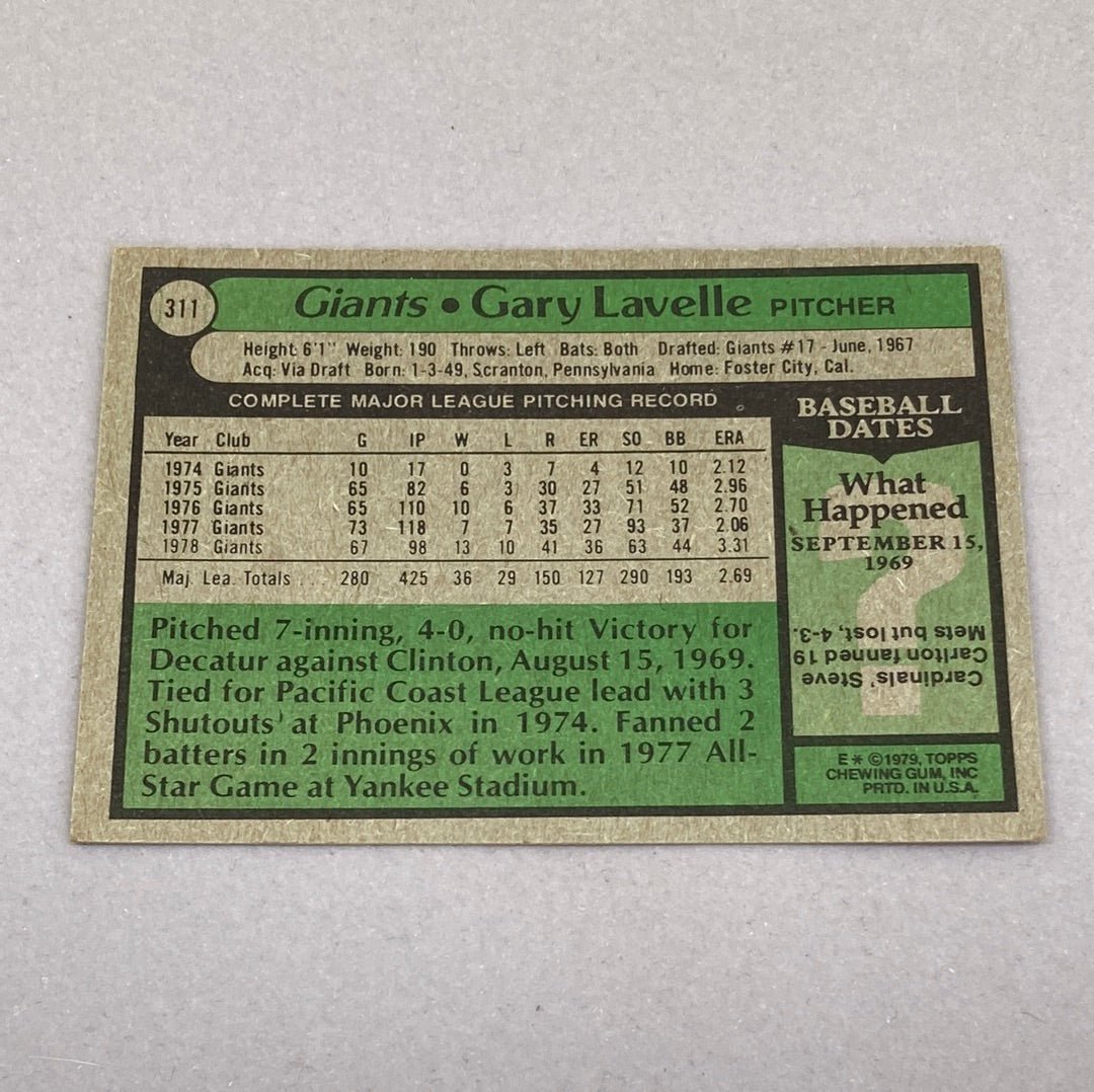1979 Topps Gary Lavelle #311 Baseball Card - ChronicCards