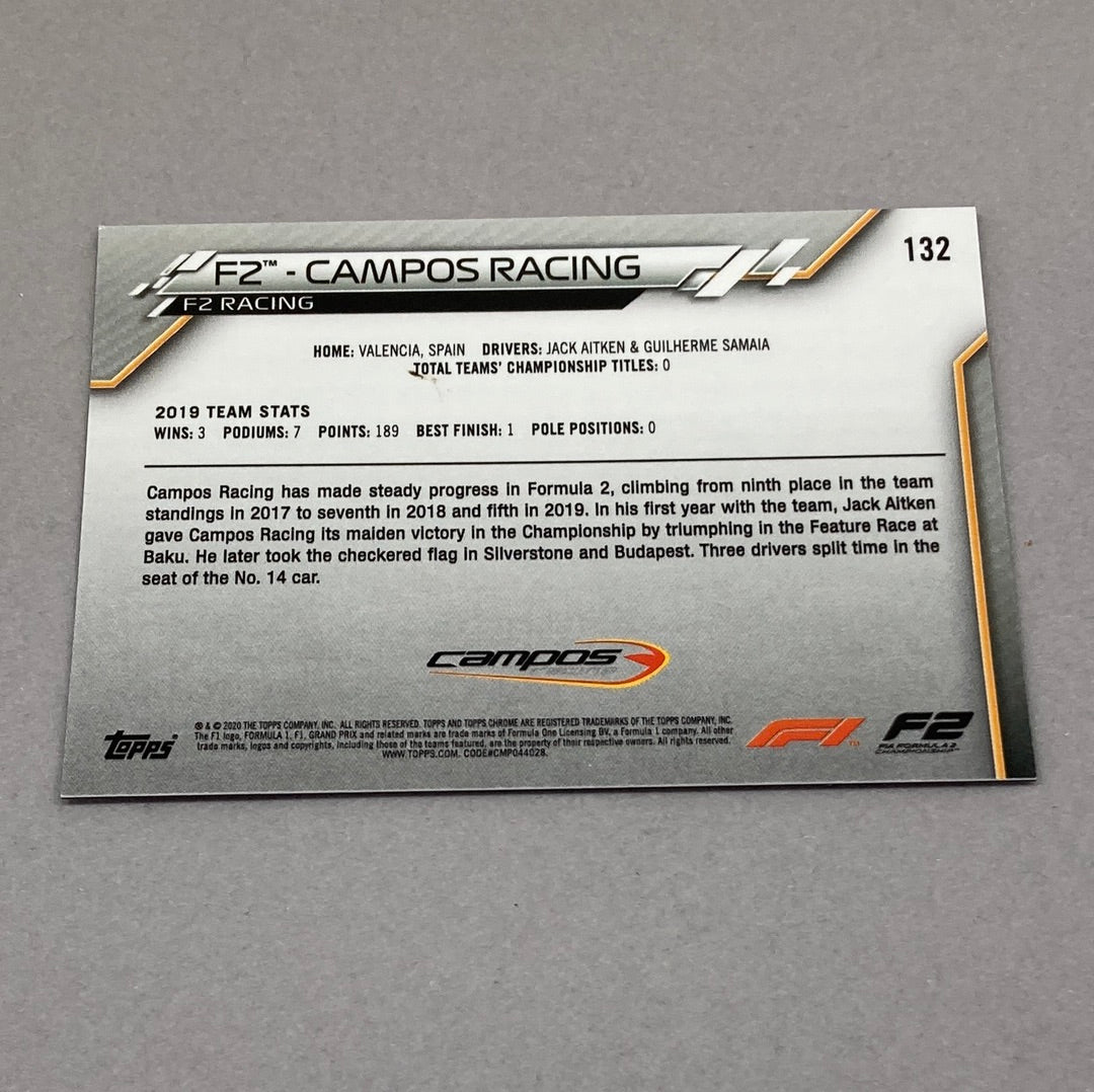2020 Topps Chrome F2 Campos Racing Base #132 F1 Card - ChronicCards