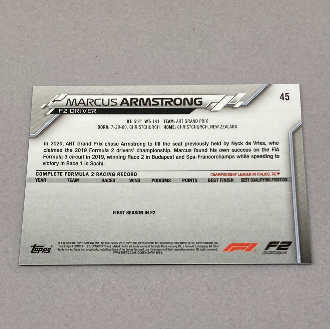2020 Topps Chrome Marcus Armstrong #45 Base F1 Card - ChronicCards