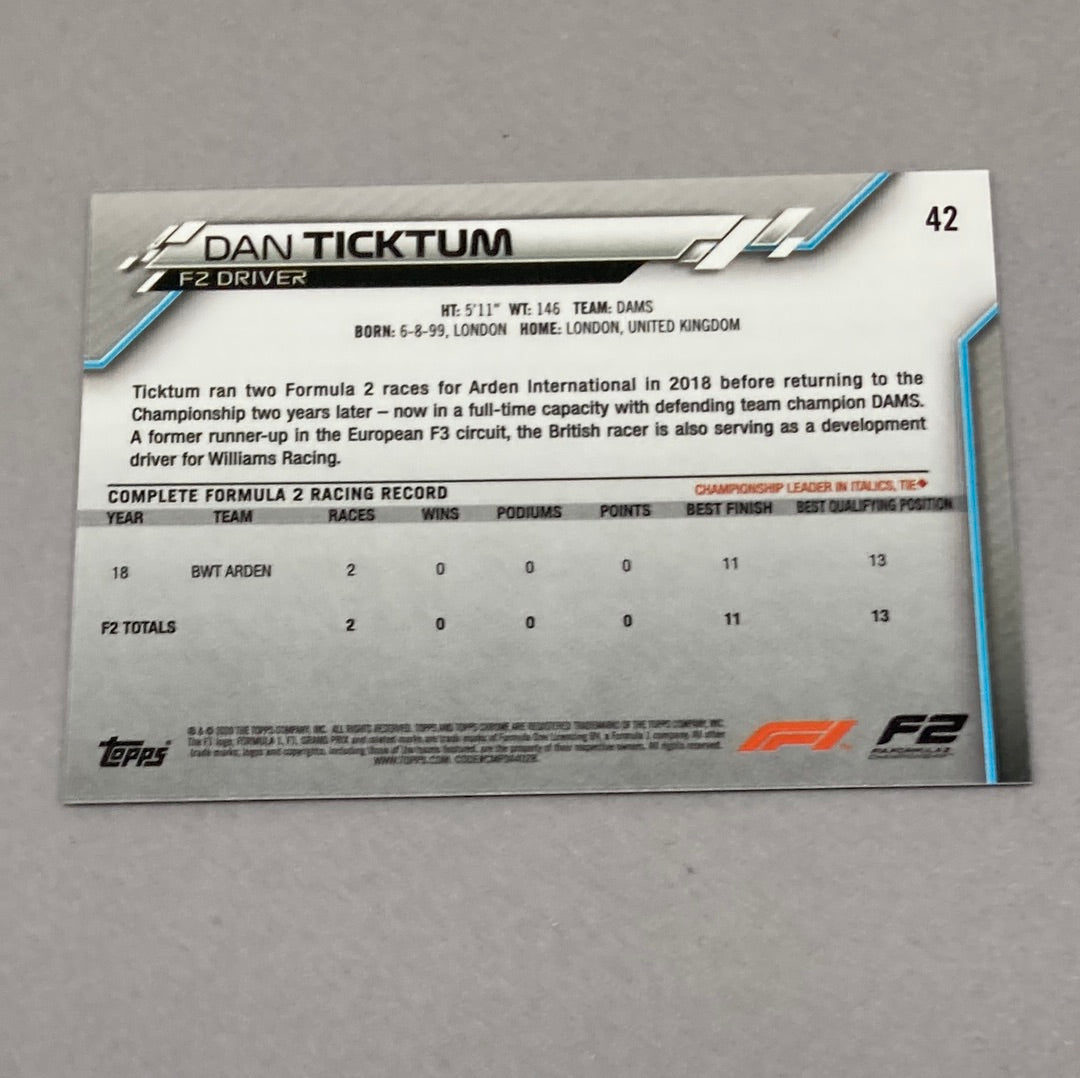2020 Topps Chrome Dan Ticktum #42 Base F1 Card - ChronicCards