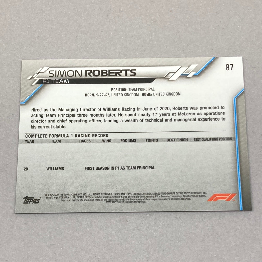 2020 Topps Chrome Simon Roberts Base #87 F1 Card - ChronicCards