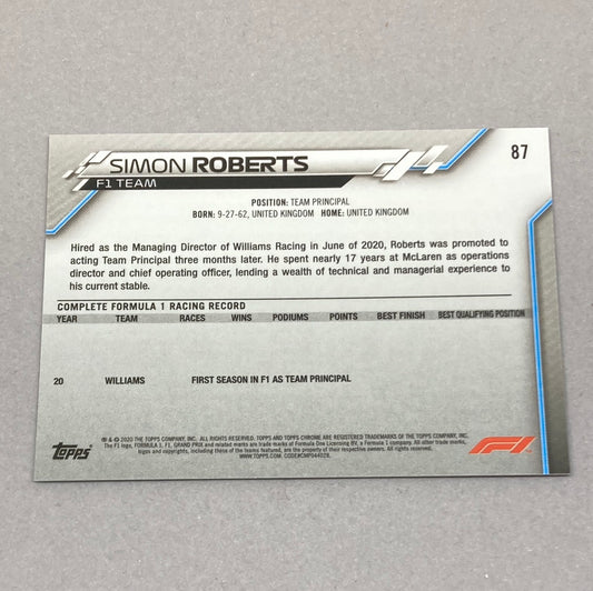 2020 Topps Chrome Simon Roberts Base #87 F1 Card - ChronicCards