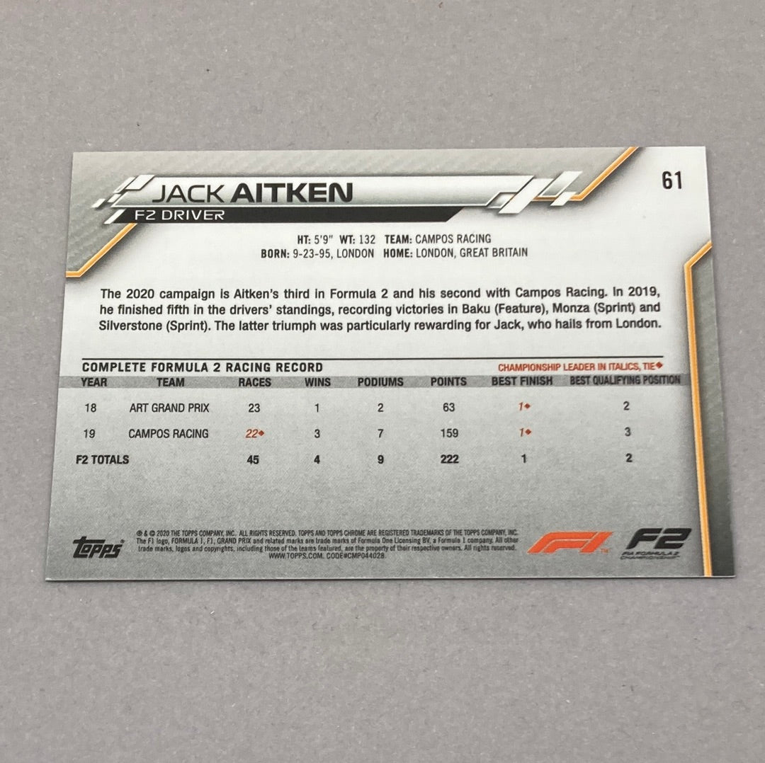 2020 Topps Chrome Jack Aitken #61 Base F1 Card - ChronicCards