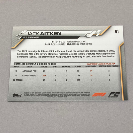 2020 Topps Chrome Jack Aitken #61 Base F1 Card - ChronicCards