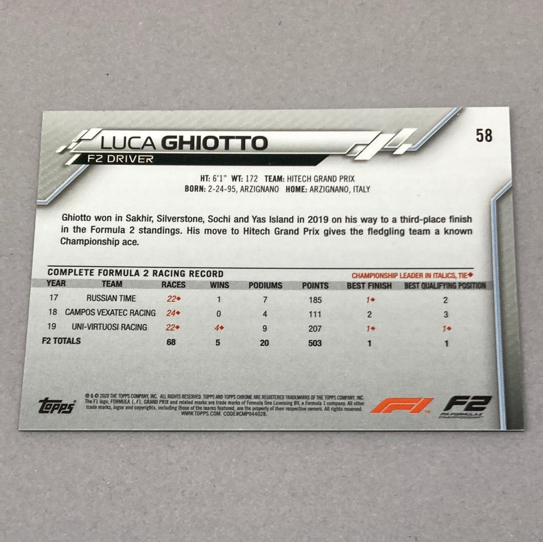 2020 Topps Chrome Luca Ghiotto #58 Base F1 Card - ChronicCards