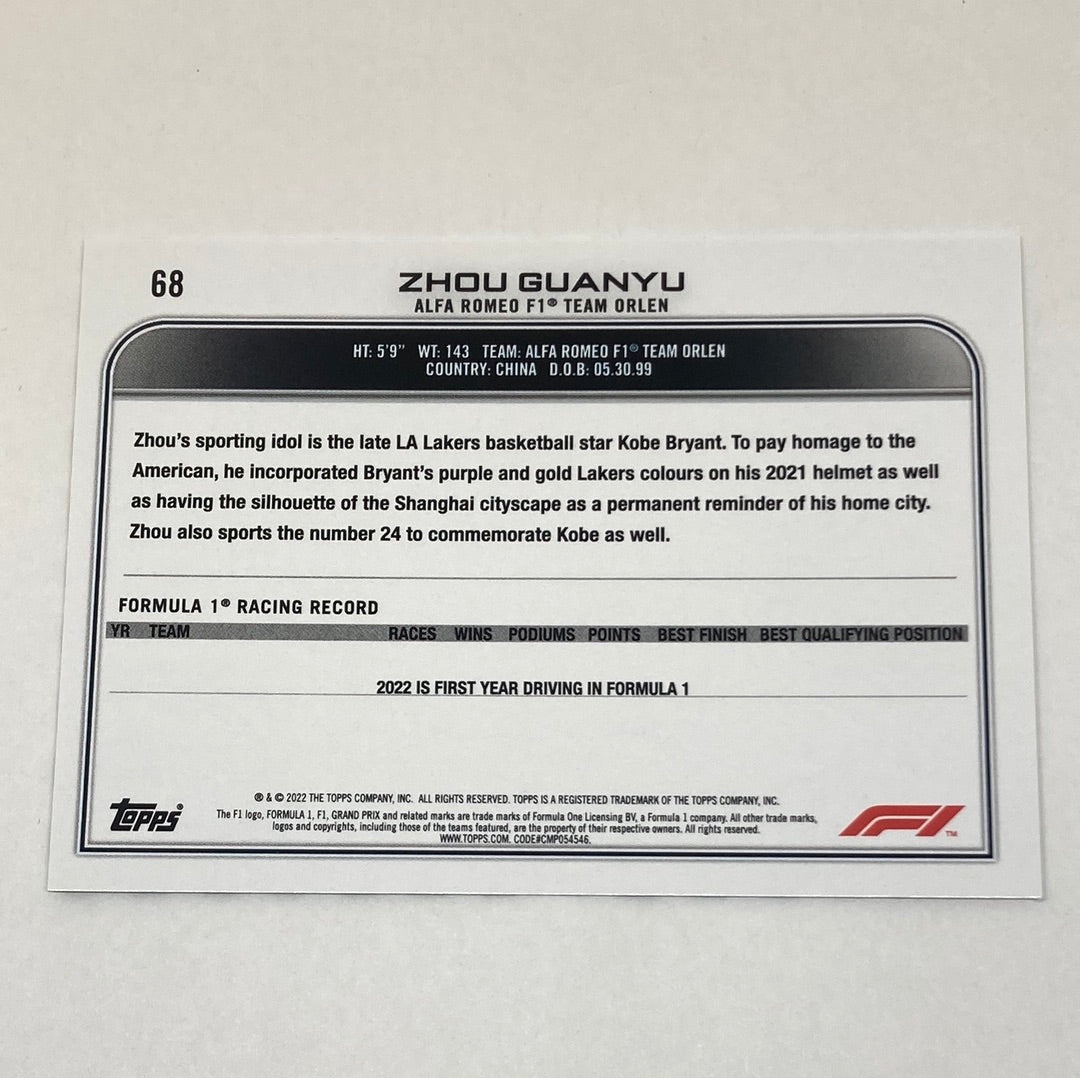 2022 Topps Zhou Guanyu #68 F1 Rookie Card