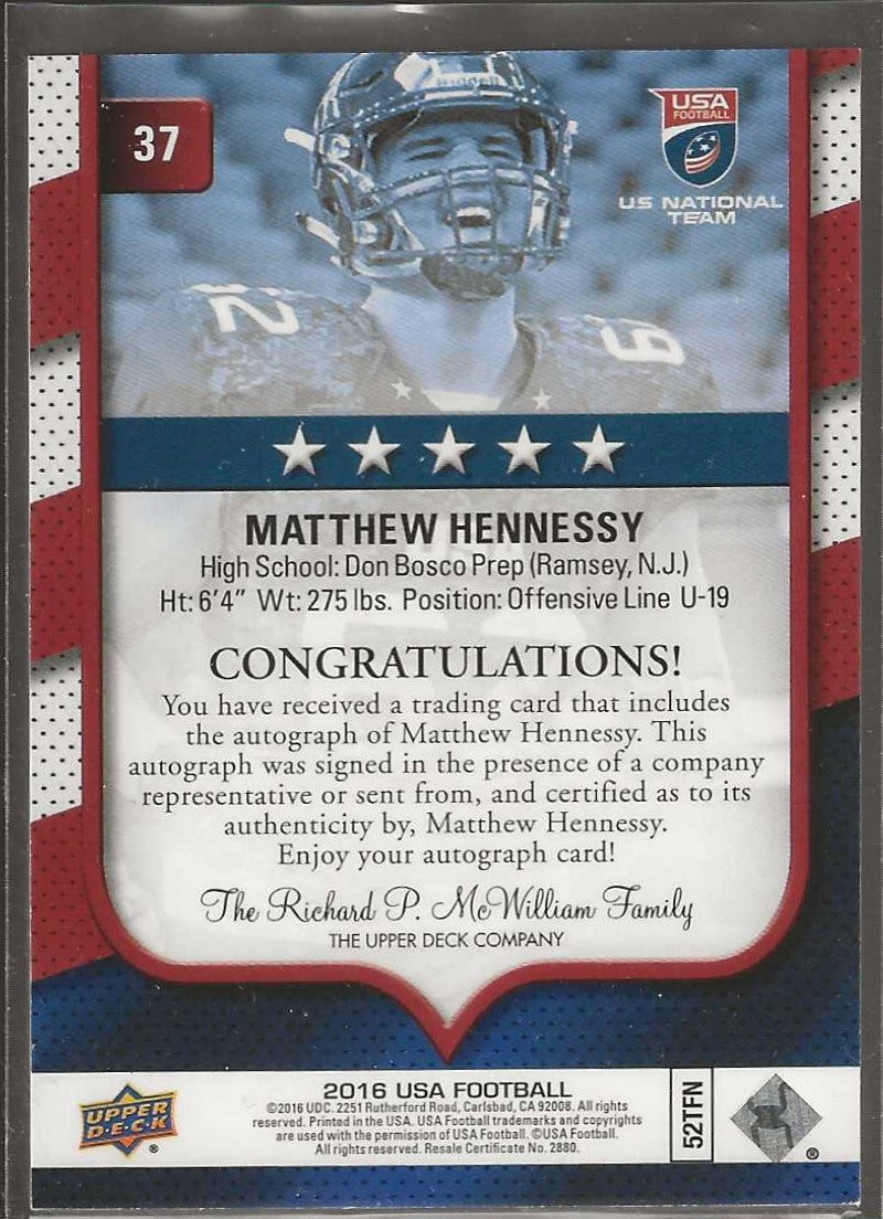 2016 Upper Deck USA Football #37 Matthew Hennessy Autographs