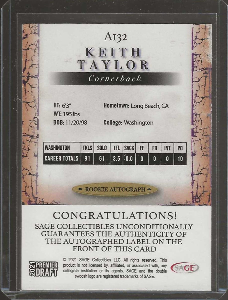 2021 SAGE Premier Draft #A132 Keith Taylor Autographs Black