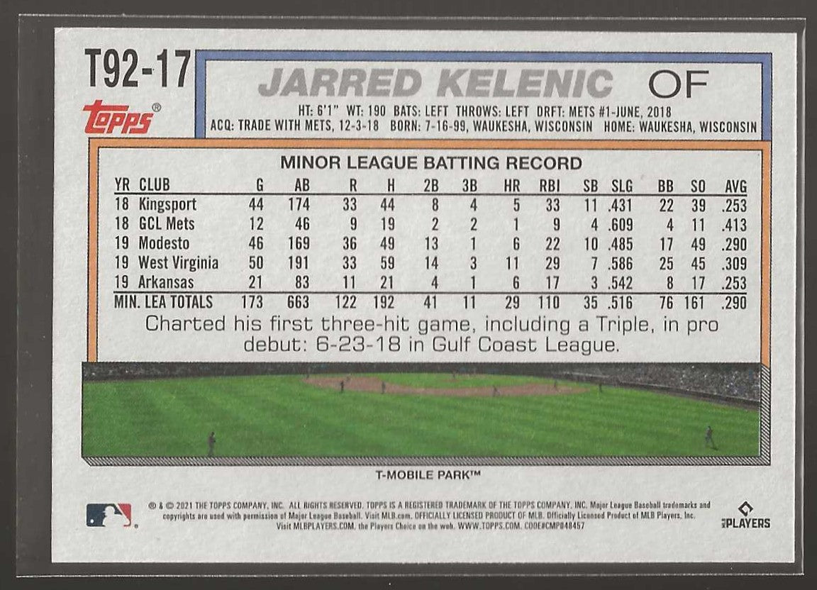 2021 Topps Update #T92-17 Jarred Kelenic 1992 Topps Redux